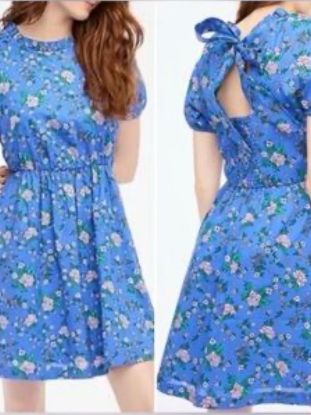 J. Crew Blue Floral Dress with Pink and Green Print, Tie Back and puff sleeves